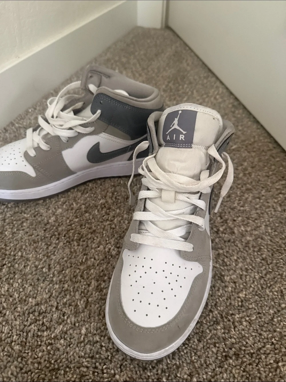 Jordan Men’s Low-Top Sneakers - White & Gray with Dark Blue Swoosh